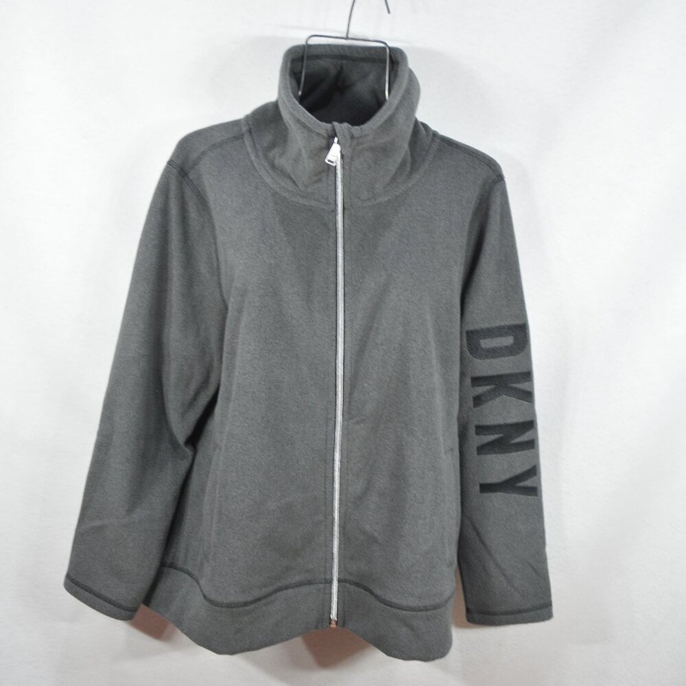 DKNY Sport Women's Fleece Zipper Jacket 1X Gray Slate Heather Logo Sleeve